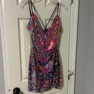 by & by Rainbow Sequin Slip Dress in Black